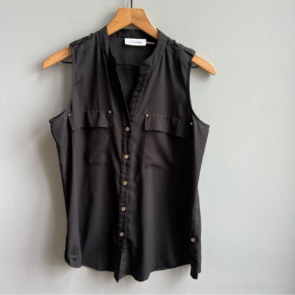 Calvin Klein Black Lightweight Sleeveless Button Up Tank Blouse Gold Buttons M